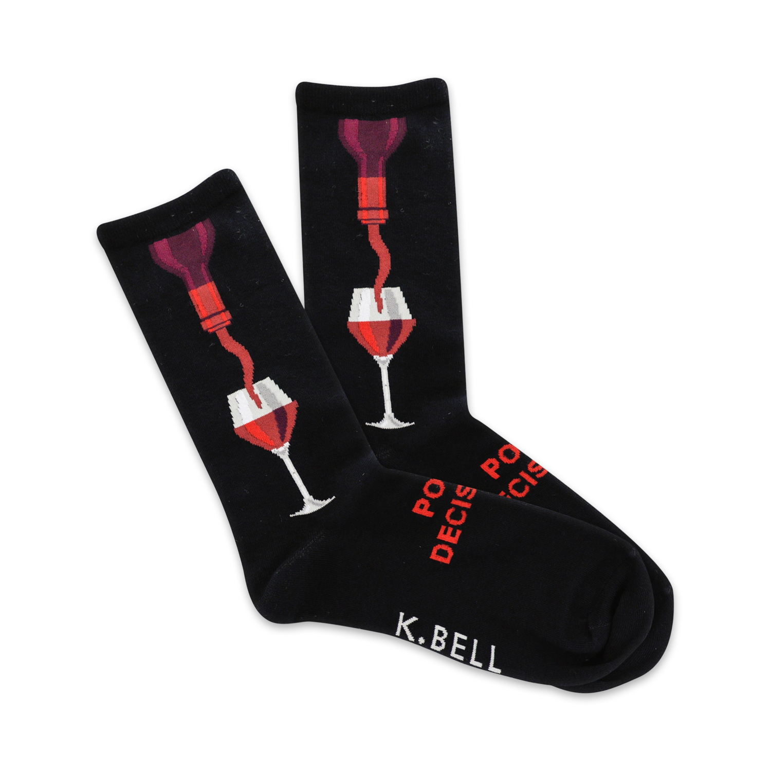 Pair of black crew socks with a red wine bottle pouring into a wine glass graphic.  Text reads 'Pour Decisions'.