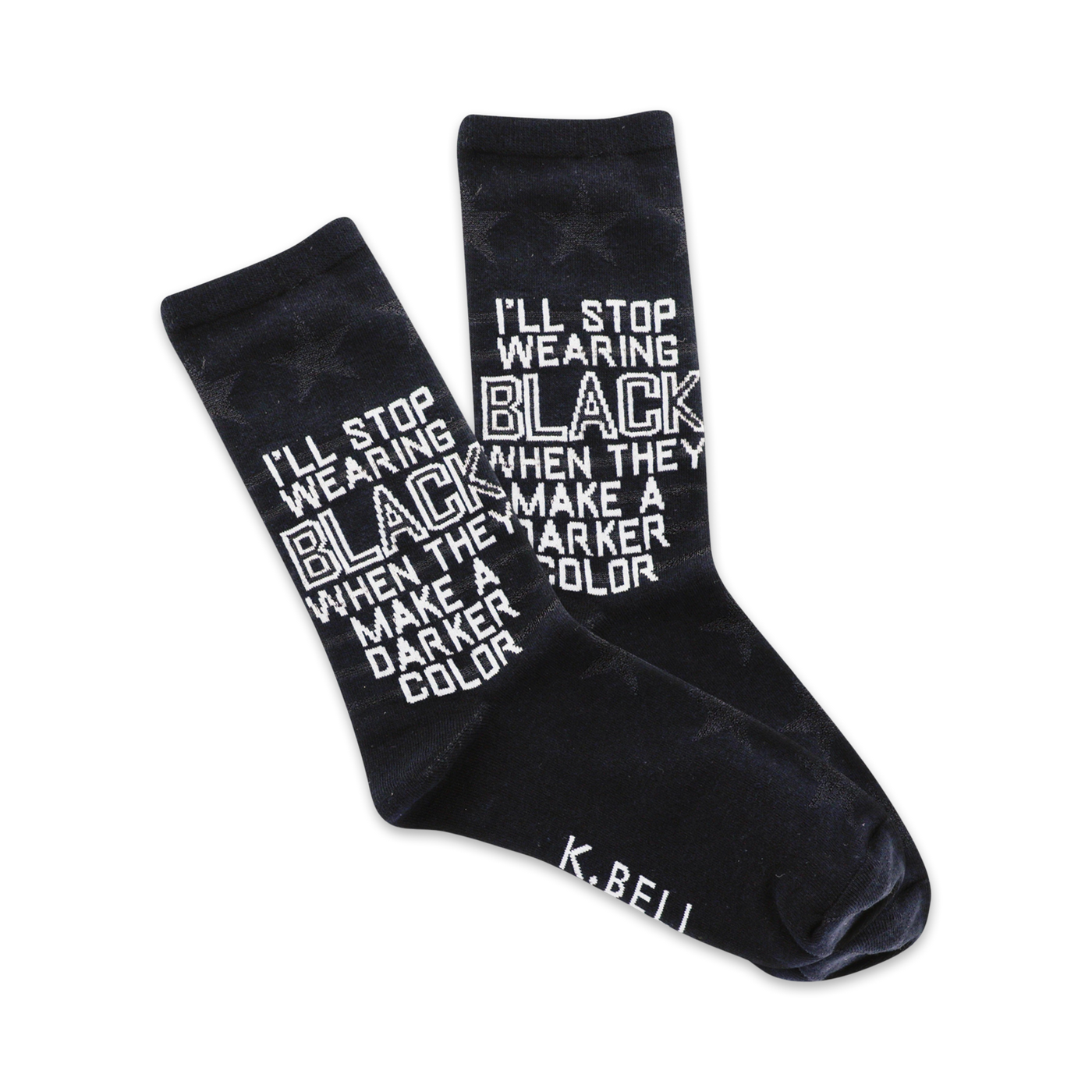 Pair of black crew socks featuring a white, repeated text design: 'I'll stop wearing black when they make a darker color.'