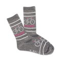 Pair of grey crew socks with white stripes and a pink 'Cycologist' text, featuring a small bicycle graphic.