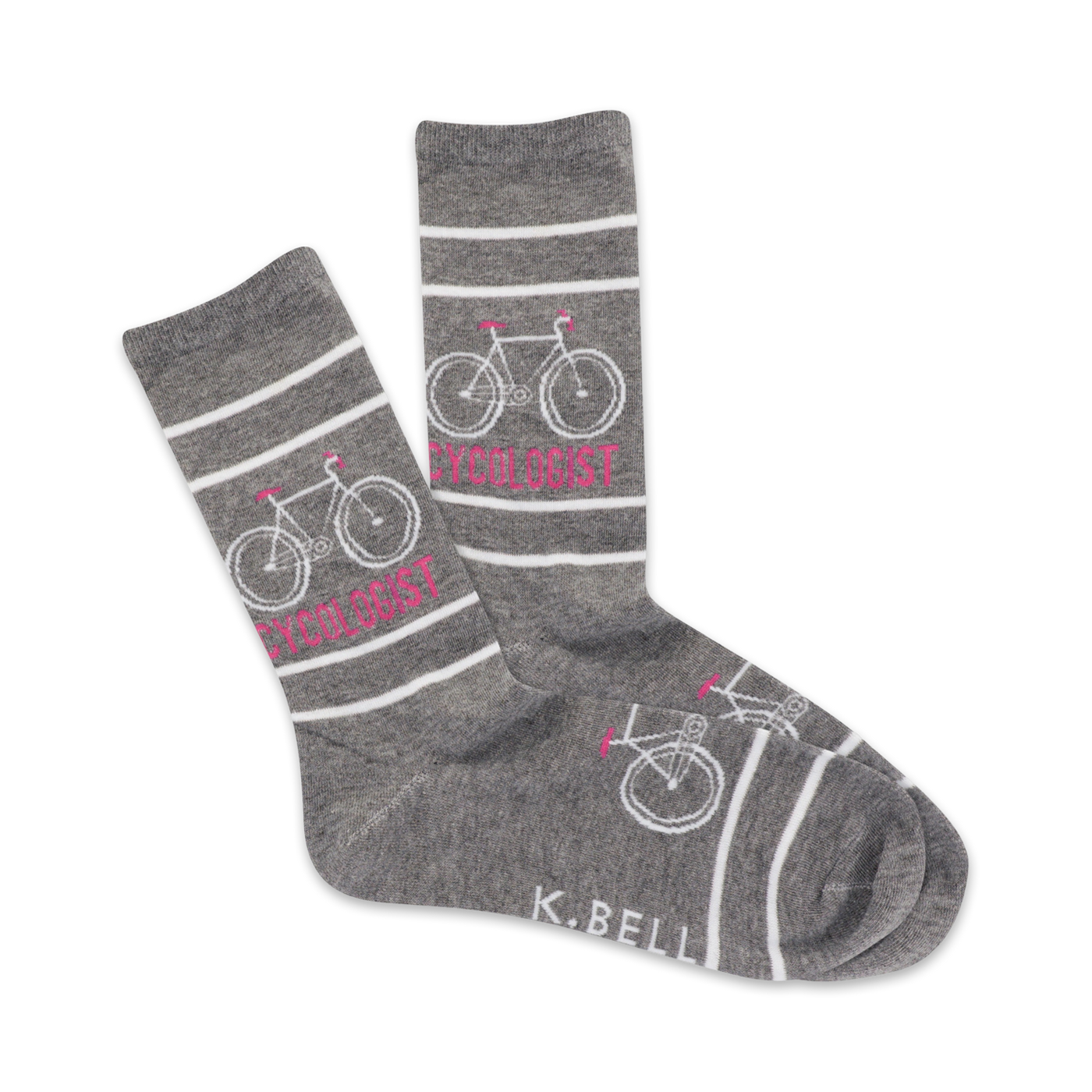 Pair of grey crew socks with white stripes and a pink 'Cycologist' text, featuring a small bicycle graphic.