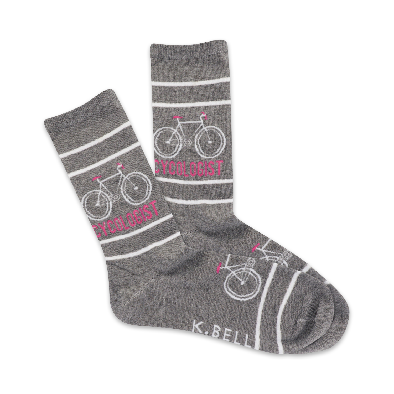 Pair of grey crew socks with white stripes and a pink 'Cycologist' text, featuring a small bicycle graphic.