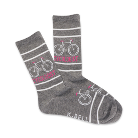 gray crew socks with pink striped pattern, bicycle graphics, and "cycologist" text.  