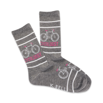 gray crew socks with pink striped pattern, bicycle graphics, and "cycologist" text.  