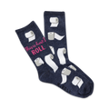 A pair of navy blue crew socks with a fun toilet paper design and the phrase 'This is how I roll' in pink lettering.