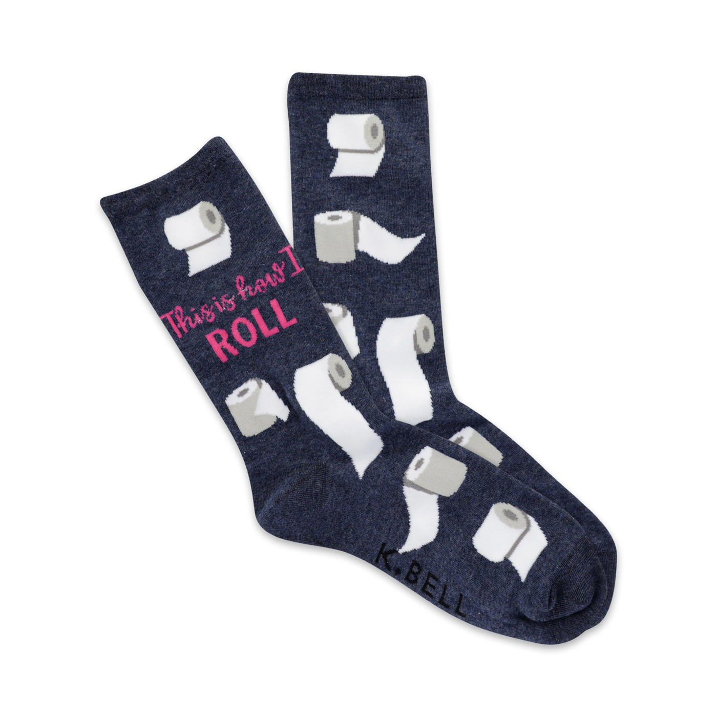 A pair of navy blue crew socks with a fun toilet paper design and the phrase 'This is how I roll' in pink lettering.