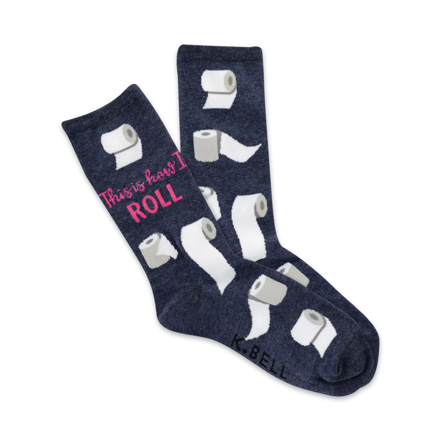 A pair of navy blue crew socks with a fun toilet paper design and the phrase 'This is how I roll' in pink lettering.