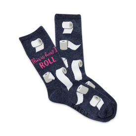 dark blue socks with pink text reading "this is how i roll" and toilet paper roll images.  