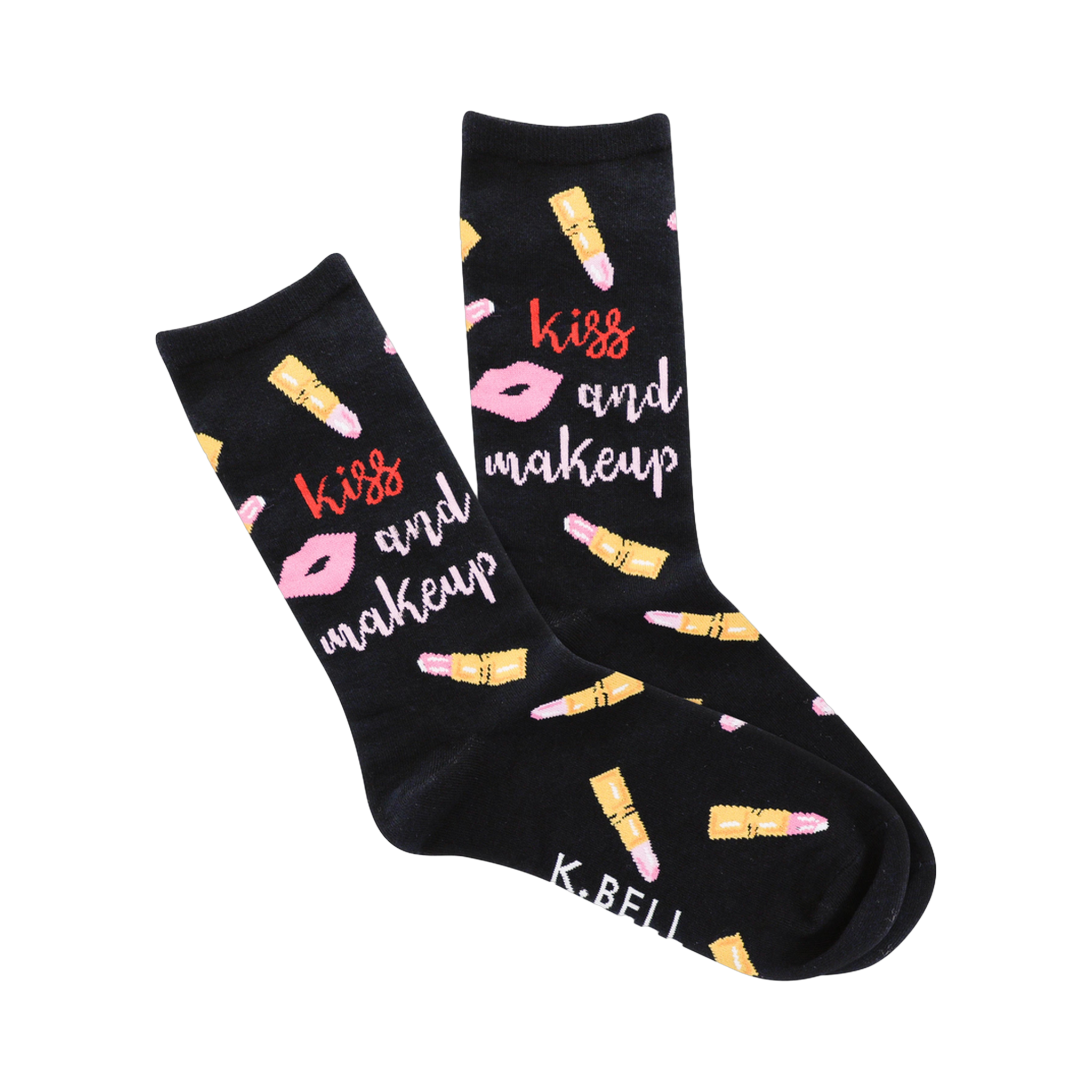 A pair of black crew socks with a playful print of lipstick tubes, pink lips, and the words 'Kiss and Makeup'.