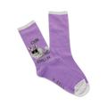 Pair of lavender crew socks with a chinchilla wearing sunglasses; text says 'Chin Chillin''.