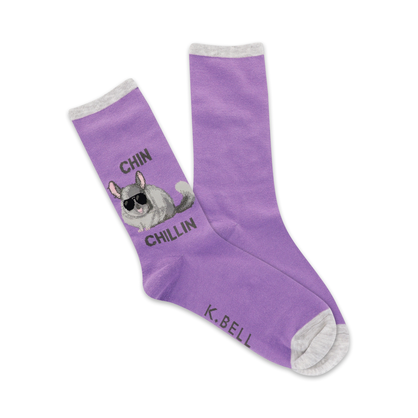 Pair of lavender crew socks with a chinchilla wearing sunglasses; text says 'Chin Chillin''.