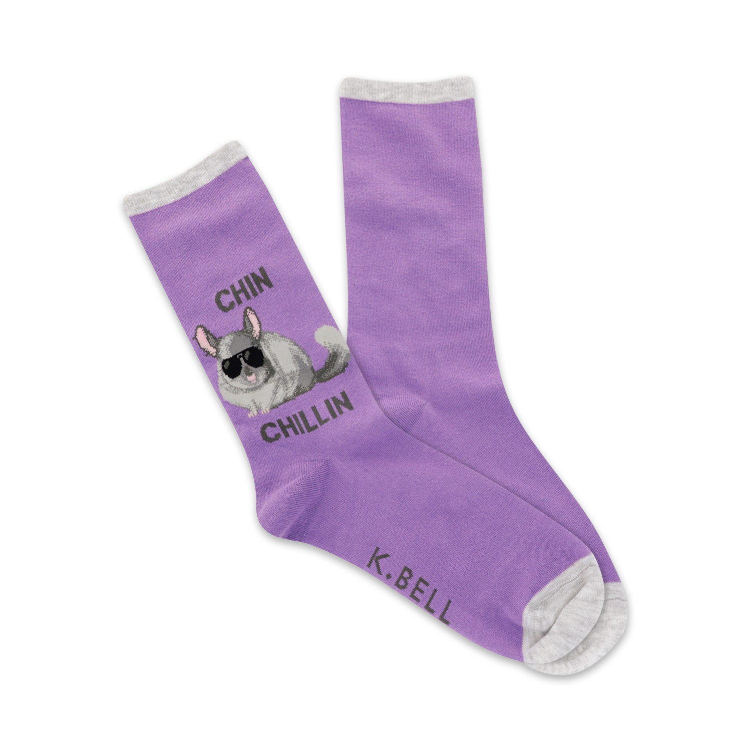 Pair of lavender crew socks with a chinchilla wearing sunglasses; text says 'Chin Chillin''.