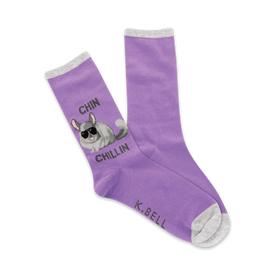 purple crew socks with cartoon chinchilla wearing sunglasses pattern   