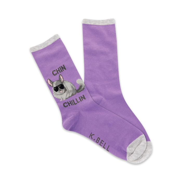 purple crew socks with cartoon chinchilla wearing sunglasses pattern    }}