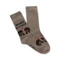 A pair of grey crew socks with brown horse faces and red hearts. The text 'Stable Relationship' is printed on the socks.