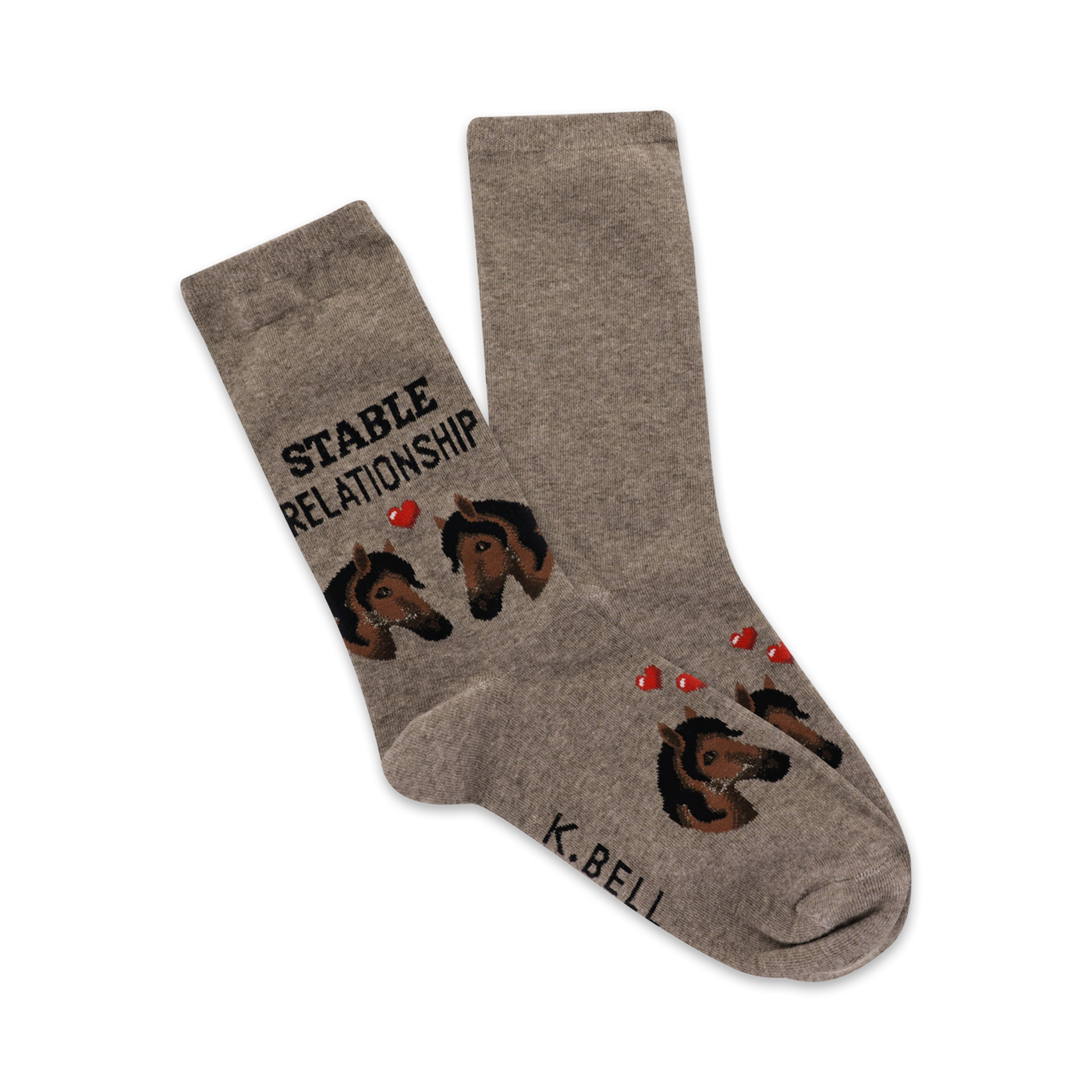A pair of grey crew socks with brown horse faces and red hearts. The text 'Stable Relationship' is printed on the socks.