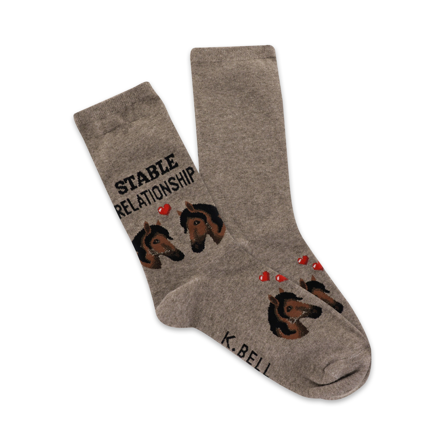 A pair of grey crew socks with brown horse faces and red hearts. The text 'Stable Relationship' is printed on the socks.