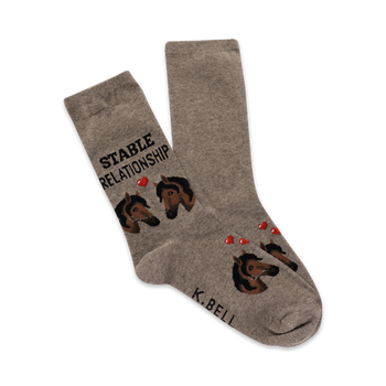 gray crew socks with cartoon horses nuzzling and "stable relationship" text.   