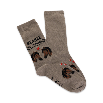 gray crew socks with cartoon horses nuzzling and "stable relationship" text.   