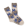 Pair of crew socks in taupe and grey stripes, adorned with a pattern of blue birds. Each bird has a light pink underbelly.