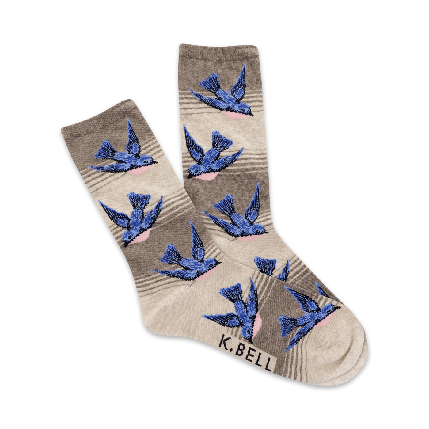 Pair of crew socks in taupe and grey stripes, adorned with a pattern of blue birds. Each bird has a light pink underbelly.