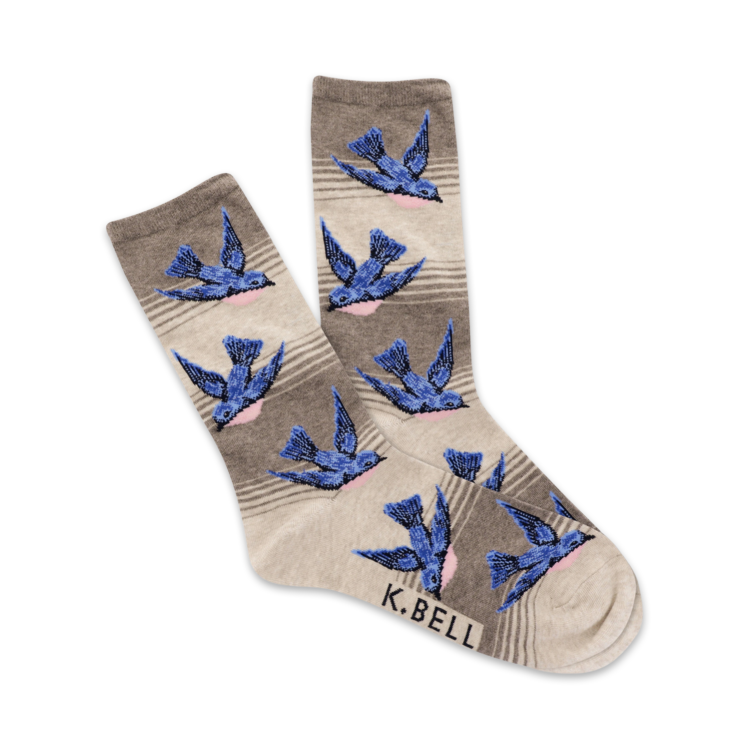 Pair of crew socks in taupe and grey stripes, adorned with a pattern of blue birds. Each bird has a light pink underbelly.
