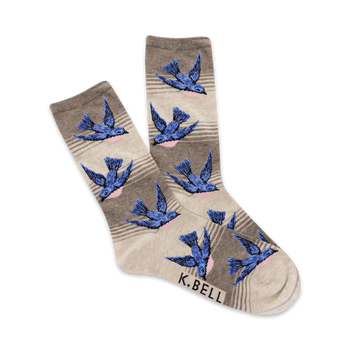 light tan crew socks with a blue bird design for women with reinforced heels and toes and ribbed cuffs.   