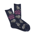A pair of navy blue crew socks with grey cats and the text 'It's Too Peoply Outside' in pink. 
