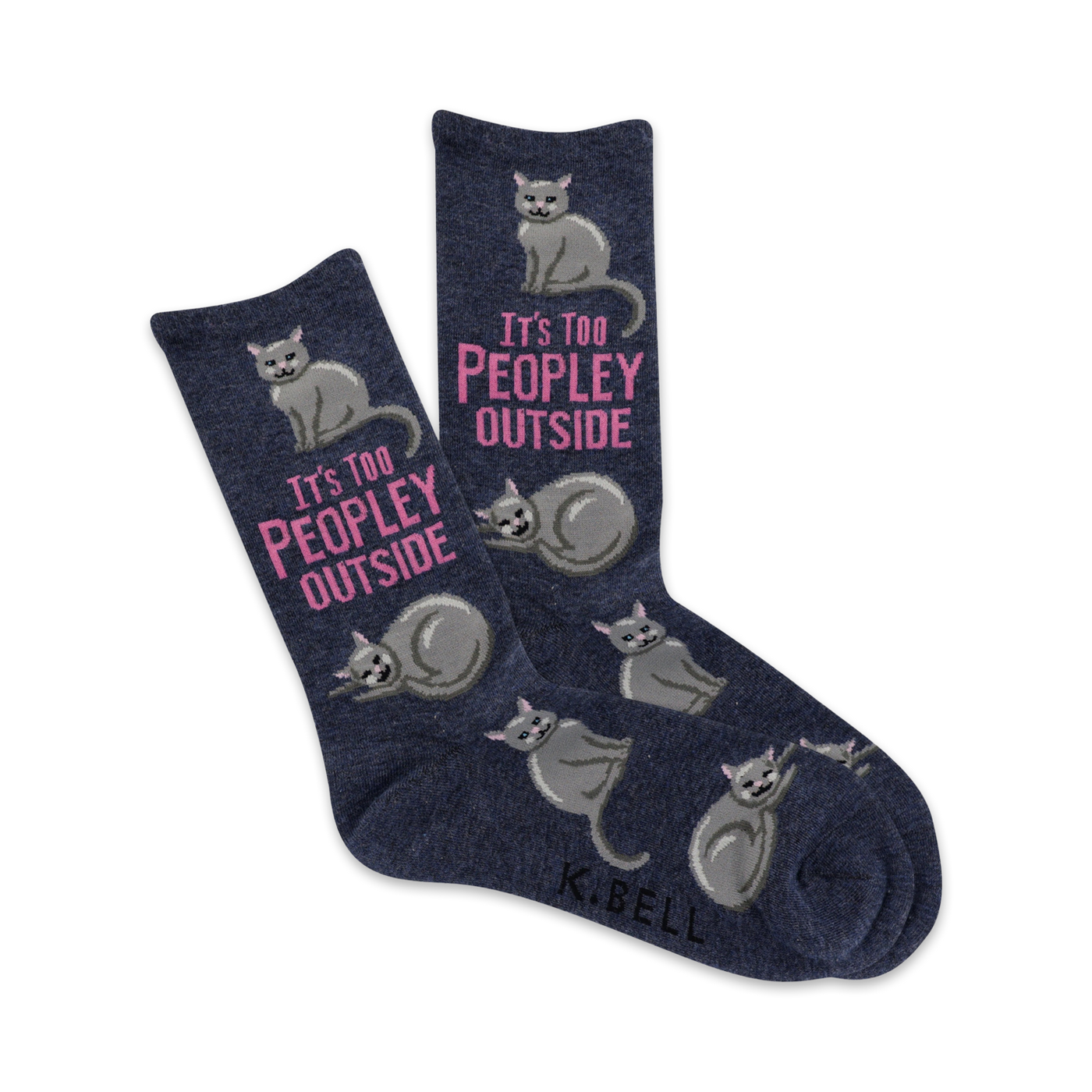 A pair of navy blue crew socks with grey cats and the text 'It's Too Peoply Outside' in pink. 