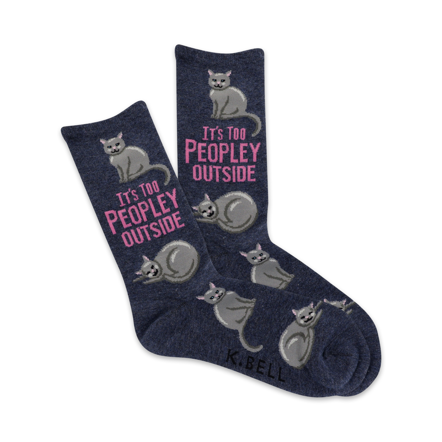 A pair of navy blue crew socks with grey cats and the text 'It's Too Peoply Outside' in pink. 