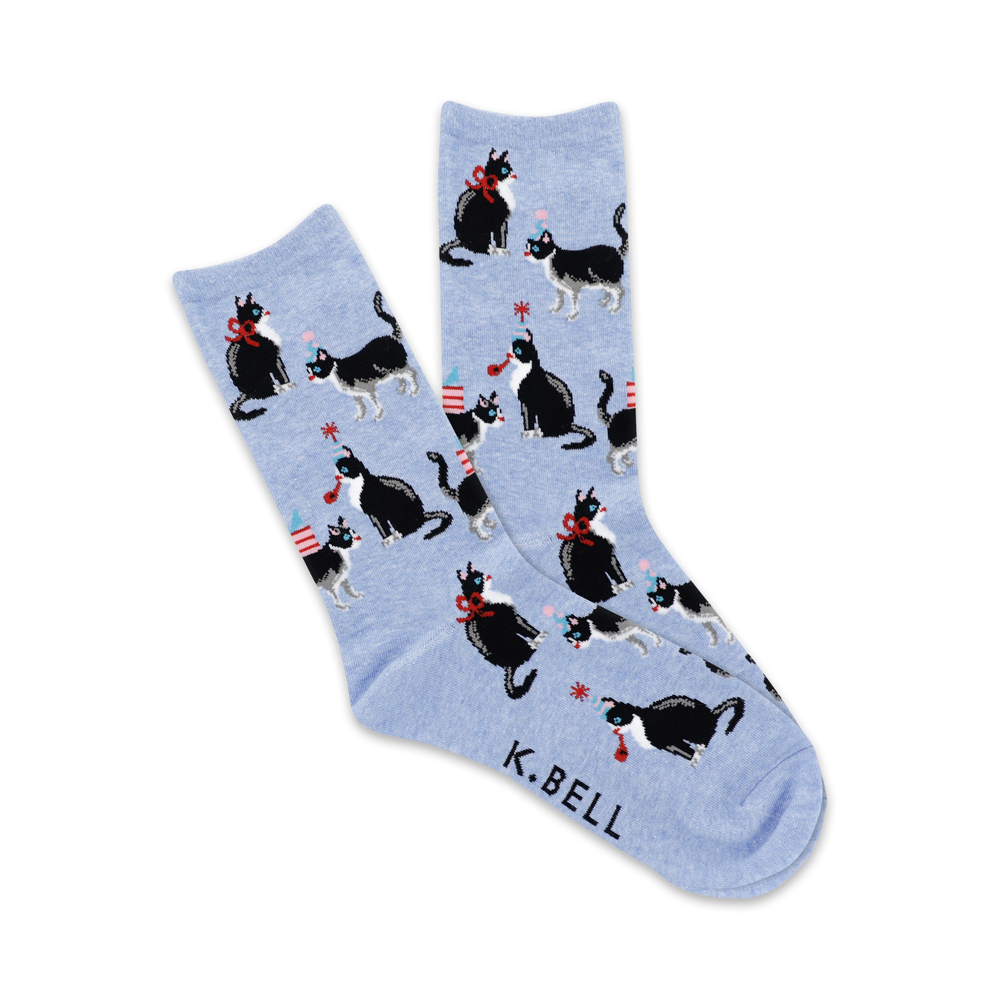 Crew socks in light blue featuring a repeating pattern of black and white tuxedo cats wearing party hats and holding gifts.