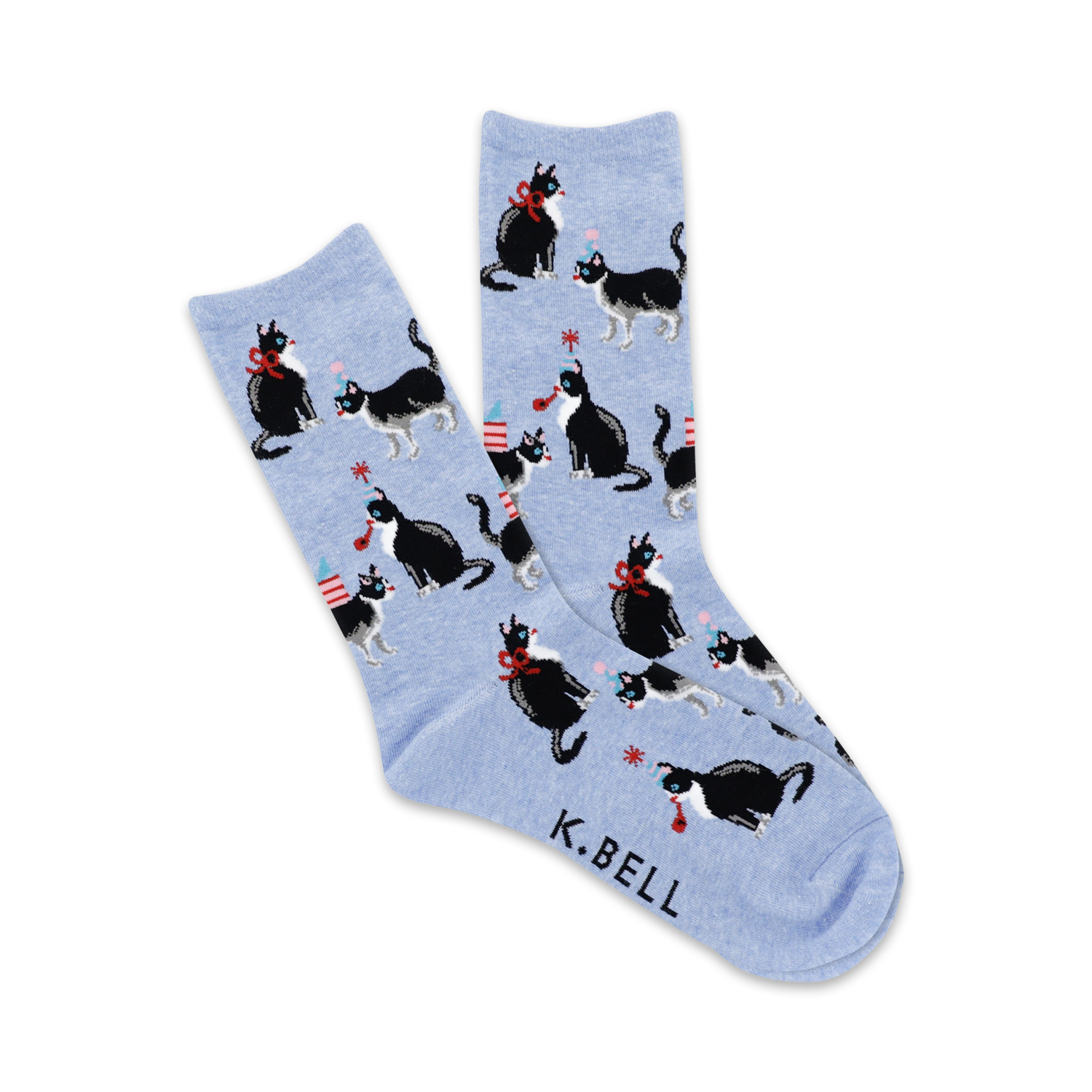 Crew socks in light blue featuring a repeating pattern of black and white tuxedo cats wearing party hats and holding gifts.
