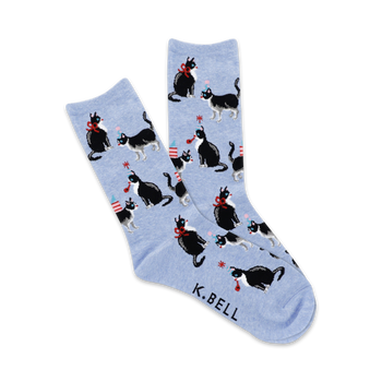 birthday cats women's light blue crew socks with black cats wearing party hats   
