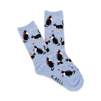 birthday cats women's light blue crew socks with black cats wearing party hats   