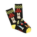 Crew socks in black and yellow. Feature Yorkie dogs, NYC taxis, Statue of Liberty, pizza, and a checkered pattern.