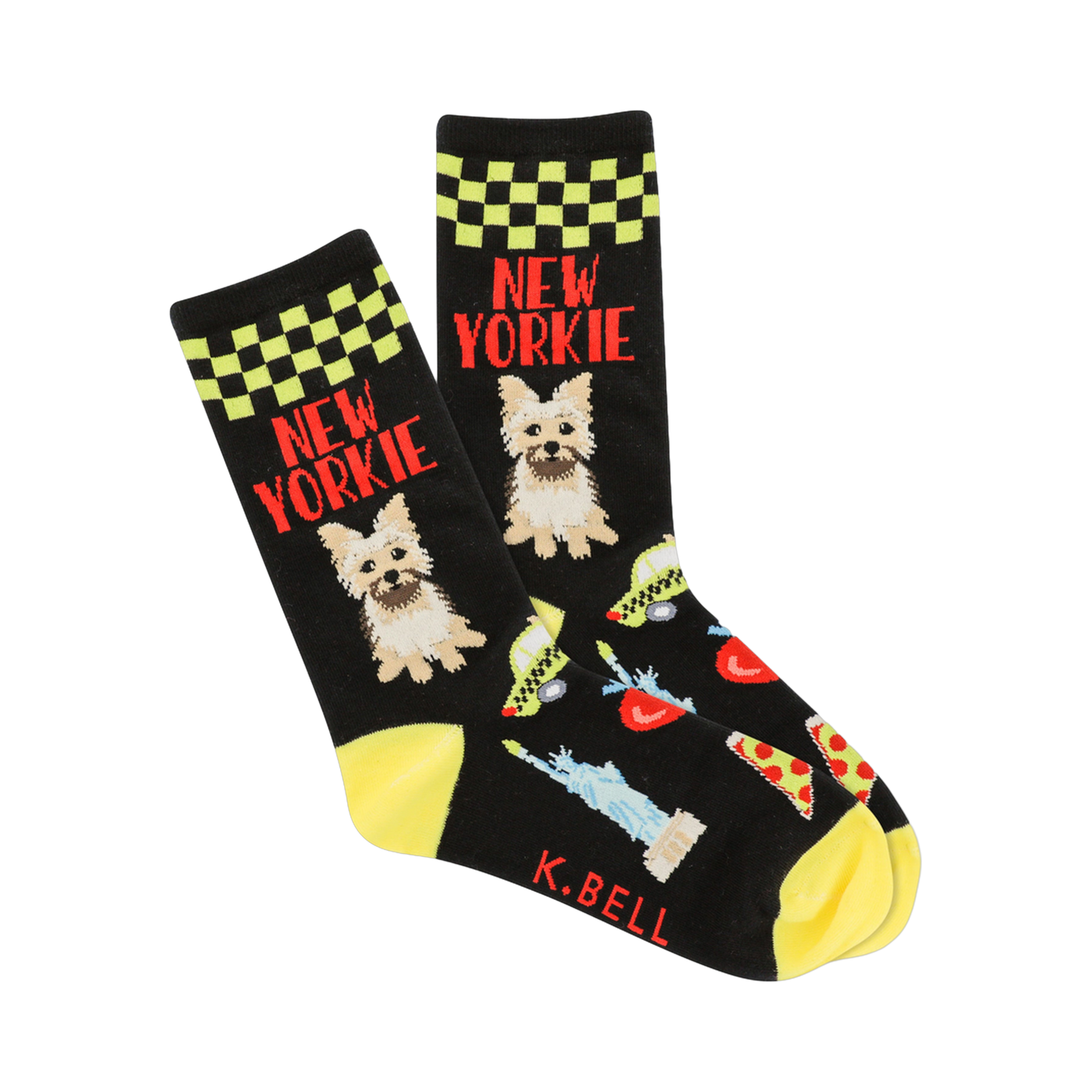 Crew socks in black and yellow. Feature Yorkie dogs, NYC taxis, Statue of Liberty, pizza, and a checkered pattern.