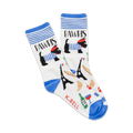 Pair of white crew socks with blue accents. Features a repeating pattern of Parisian-themed Scottie dogs, Eiffel Towers, baguettes, and wine glasses.