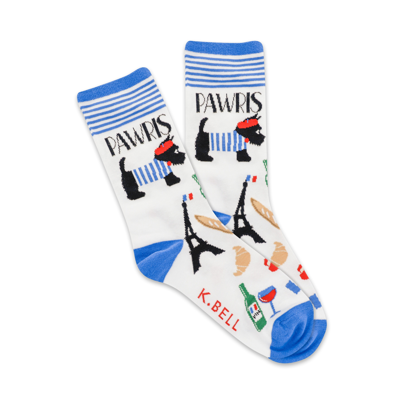 Pair of white crew socks with blue accents. Features a repeating pattern of Parisian-themed Scottie dogs, Eiffel Towers, baguettes, and wine glasses.