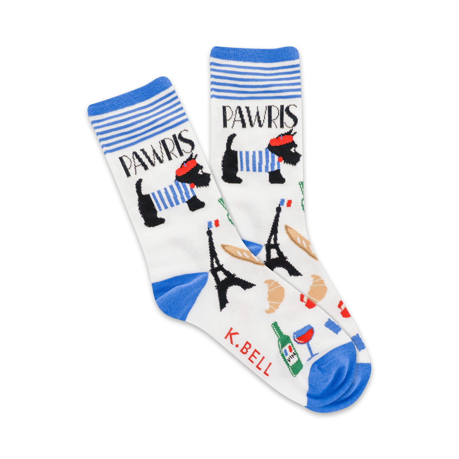 Pair of white crew socks with blue accents. Features a repeating pattern of Parisian-themed Scottie dogs, Eiffel Towers, baguettes, and wine glasses.