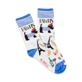 white crew socks with scottie dogs wearing red berets, eiffel tower, wine bottles, wine glasses, bread, and croissants. "pawris" appears in blue.   