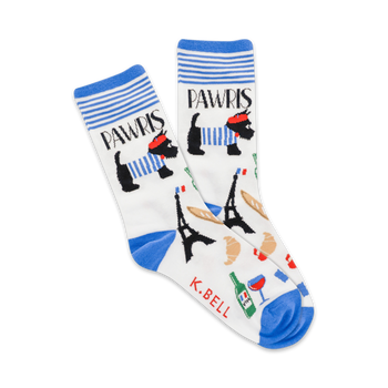 white crew socks with scottie dogs wearing red berets, eiffel tower, wine bottles, wine glasses, bread, and croissants. "pawris" appears in blue.   
