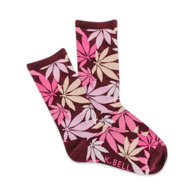 dark red crew socks with pink cannabis leaf pattern for women.   