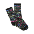 Pair of black crew socks. The socks feature a colorful pattern of cannabis strain names (e.g., 'Zkittles', 'Northern Lights') in pink, blue, and purple, with small marijuana leaf graphics.