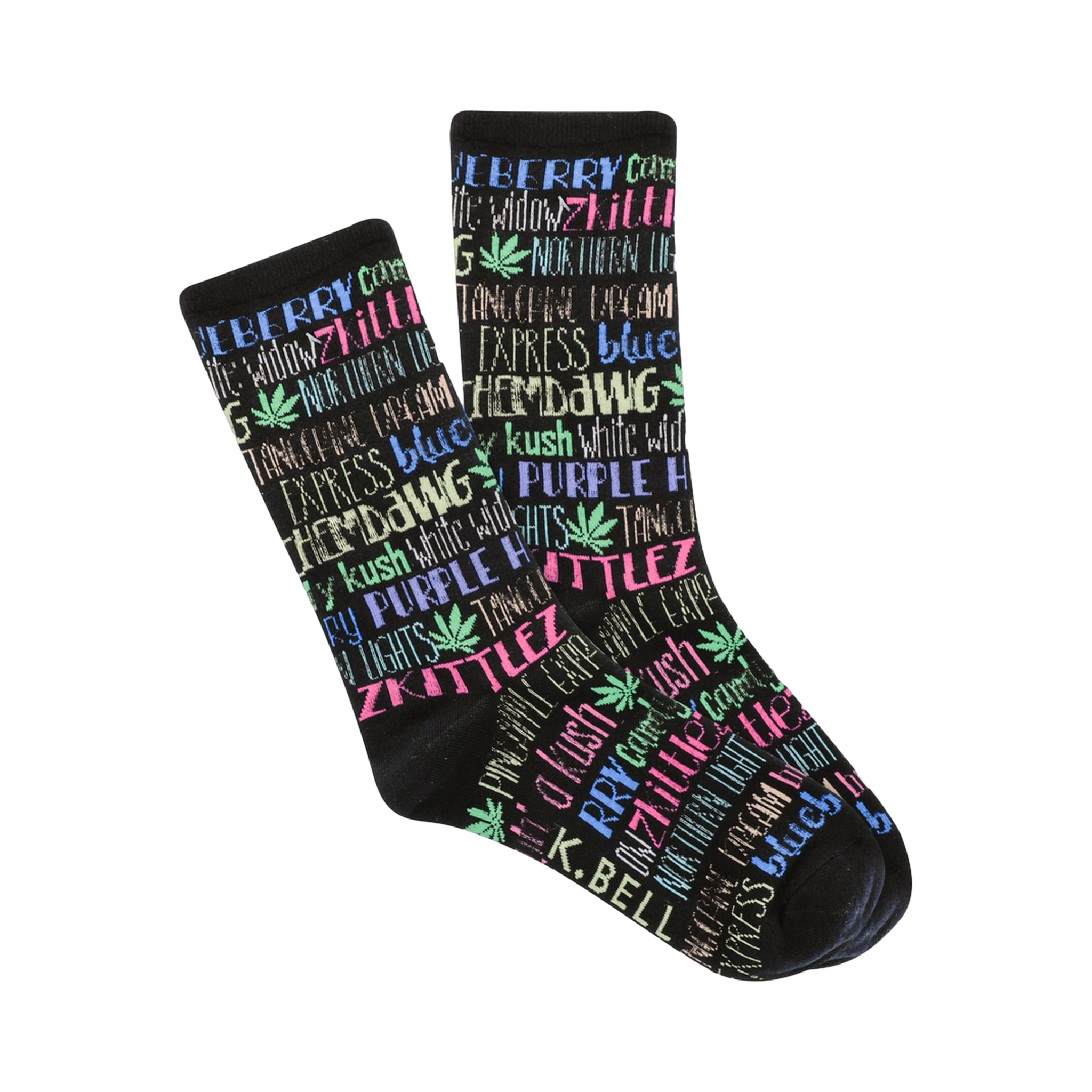 Pair of black crew socks. The socks feature a colorful pattern of cannabis strain names (e.g., 'Zkittles', 'Northern Lights') in pink, blue, and purple, with small marijuana leaf graphics.