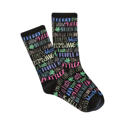 Pair of black crew socks. The socks feature a colorful pattern of cannabis strain names (e.g., 'Zkittles', 'Northern Lights') in pink, blue, and purple, with small marijuana leaf graphics.