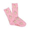 Pair of pink crew socks with a repeated pattern of cartoon hands giving the middle finger, each with red nails and a ring.