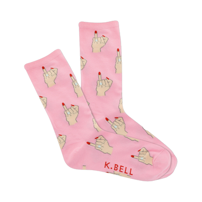 Pair of pink crew socks with a repeated pattern of cartoon hands giving the middle finger, each with red nails and a ring.