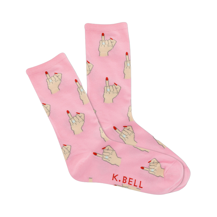 Pair of pink crew socks with a repeated pattern of cartoon hands giving the middle finger, each with red nails and a ring. }}