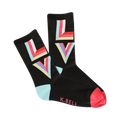 Black crew socks with a multi-colored geometric 'LOVE' pattern. Pastel pink, yellow, and blue stripes form the letters. Pink and teal accents are visible.