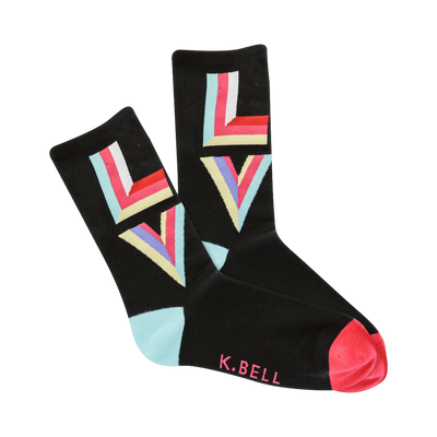 Black crew socks with a multi-colored geometric 'LOVE' pattern. Pastel pink, yellow, and blue stripes form the letters. Pink and teal accents are visible.