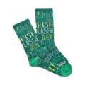 Pair of teal crew socks featuring a fun design of Irish words in yellow-green. The words include 'Irish', 'Luck', and 'Leprechaun'.
